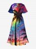 Robe Mi-Longue Hawaïen Ligne A Boutonnée Colorée Arbre de Noix de Coco Imprimé de Grande Taille avec Poche - Multi-A S