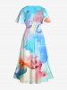 Plus Size Watercolor Tie Dye Ombre Floral Butterfly Print Hawaii Split Pocket A Line Midi Dress -  