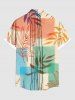 Plus Size Branch Leaves Colorblock Line Print Hawaii Button Pocket Shirt For Men -  