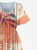 Plus Size Branch Leaves Colorblock Line Print Hawaii Split Pocket A Line Midi Dress -  