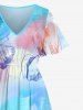 Plus Size Watercolor Tie Dye Ombre Floral Butterfly Print Hawaii Split Pocket A Line Midi Dress -  