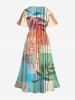 Plus Size Branch Leaves Colorblock Line Print Hawaii Split Pocket A Line Midi Dress -  