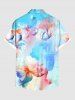 Plus Size Watercolor Tie Dye Ombre Floral Butterfly Print Hawaii Button Pocket Shirt For Men -  