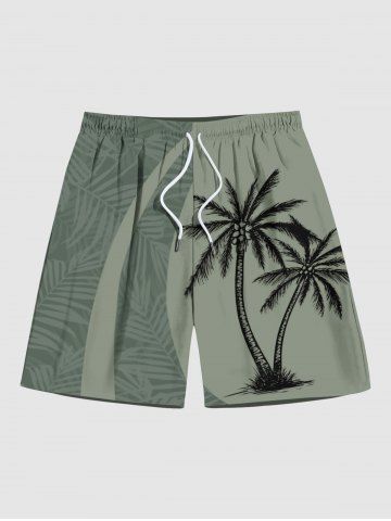 Plus Size Tropical Leaf Coconut Tree Print Beach Shorts - DEEP GREEN - XL