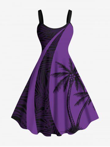 Plus Size Coconut Tree Tropical Leaf Print Hawaii Tank Dress - PURPLE - S