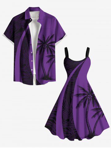 Coconut Tree Tropical Leaf Print Plus Size Matching Hawaii Beach Outfit For Couples - PURPLE