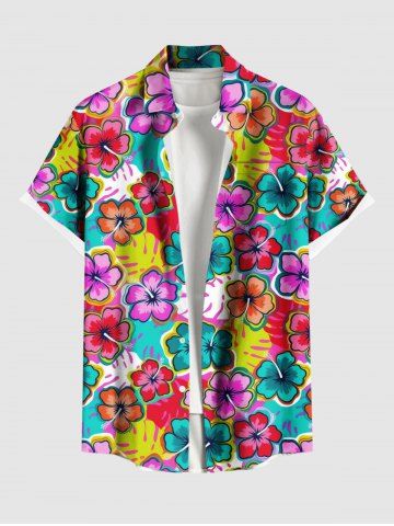 Plus Size Colorful Floral Tropical Leaves Print Hawaii Button Pocket Shirt For Men
