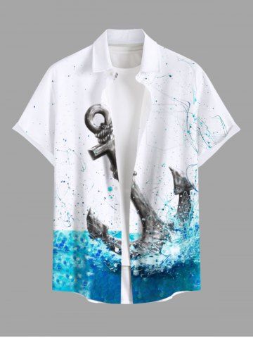 Plus Size Anchor Sea Painting Splatter Print Hawaii Button Pocket Shirt For Men - WHITE - 4XL