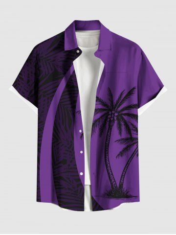 Plus Size Coconut Tree Tropical Leaf Print Buttons Pocket Hawaii Shirt For Men - PURPLE - S