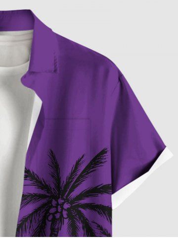 Plus Size Coconut Tree Tropical Leaf Print Buttons Pocket Hawaii Shirt For Men