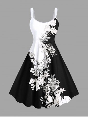 Plus Size Flower Leaf Two Tone Colorblock Print Hawaii Tank Dress