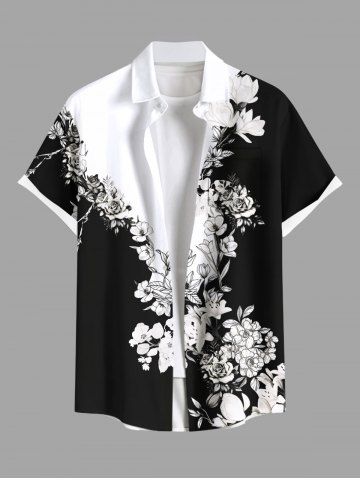 Plus Size Flower Leaf Two Tone Colorblock Print Buttons Pocket Hawaii Shirt For Men