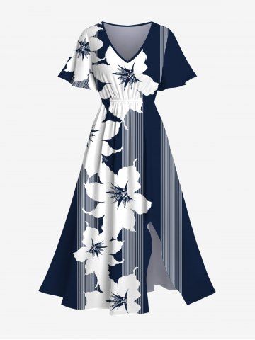 Plus Size Tropical Flowers Stripe Print Split Hawaii Midi Dress - BLACK - S