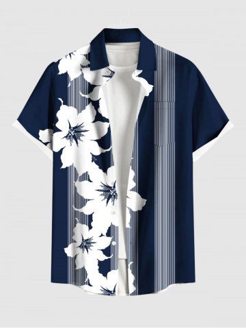 Plus Size Tropical Flowers Stripe Print Buttons Pocket Hawaii Shirt For Men