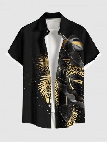 Plus Size Metallic Tropical Leaf Print Buttons Pocket Hawaii Shirt For Men - BLACK - S