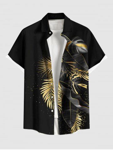 Plus Size Metallic Tropical Leaf Print Buttons Pocket Hawaii Shirt For Men