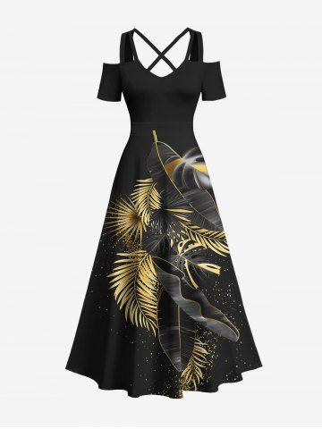 Plus Size Metallic Tropical Leaf Print Cold Shoulder Crisscross Hawaii Maxi Dress - BLACK - XS