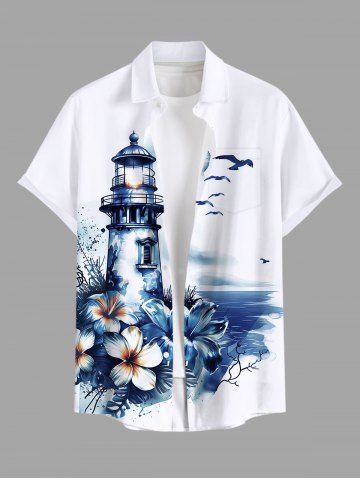 Plus Size Floral Sea Observation Deck Bird Print Hawaii Button Pocket Shirt For Men