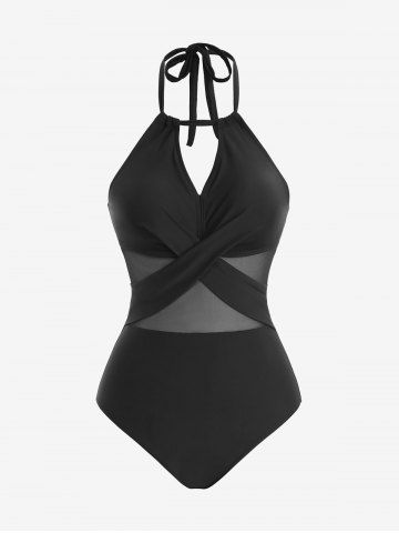 Keyhole Hollow Out Crisscross Mesh Semi See Through Patchwork Halter Backless Solid Swimsuit - BLACK - S