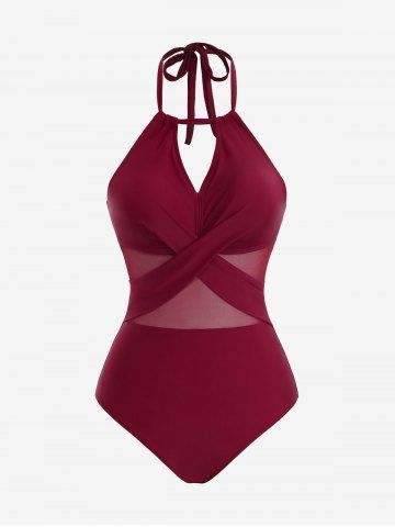 Keyhole Hollow Out Crisscross Mesh Semi See Through Patchwork Halter Backless Solid Swimsuit - RED - S