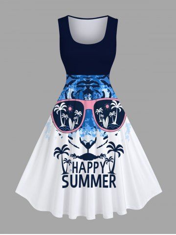 Plus Size Coconut Tree Letter Tie Dye Tiger Sunglasses Print Hawaii Vintage Swing A Line Dress - WHITE - 3X