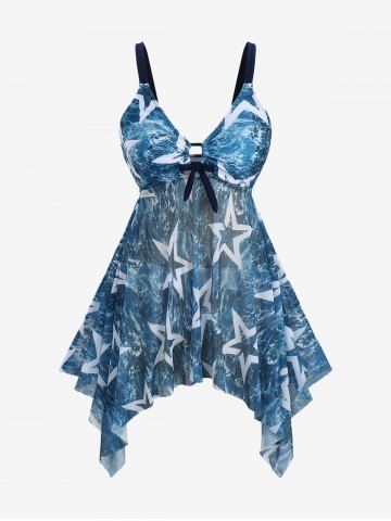 Star Sea Waves Print Cinched Panel Asymmetrical Tankini Swimsuit - BLUE - S