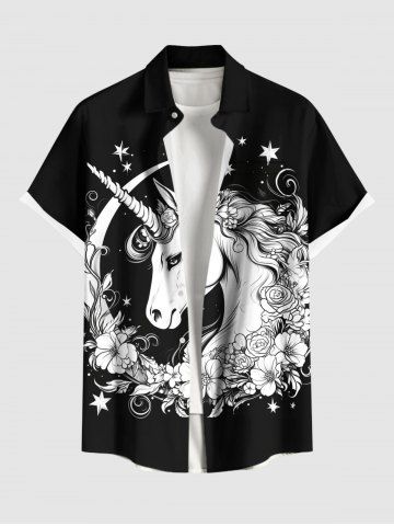 Plus Size Moon Star Galaxy Floral Branch Unicorn Print Button Pocket Shirt For Men - BLACK - 2XL