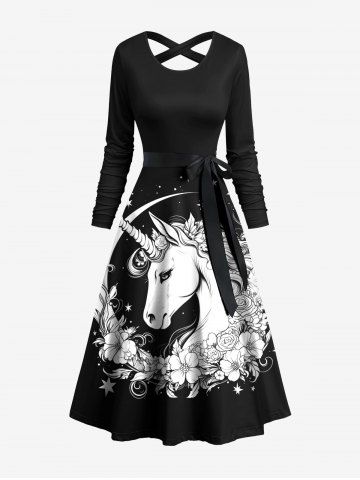 Moon Star Galaxy Floral Branch Unicorn Print Crisscross A Line Dress with Tied Belt - BLACK - XS