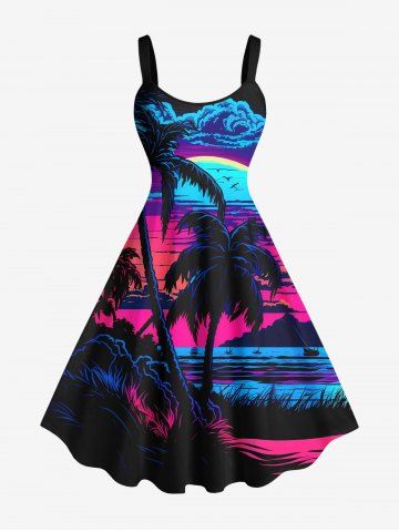 Plus Size Coconut Tree Sea Moon Cloud Ombre Dusk Print Hawaii A Line Tank Dress - BLACK - 2X