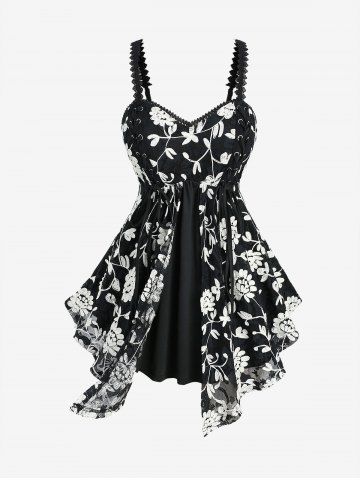 Plus Size  Lace Trim Flower Embroidery Grommets Lace-up Tank Top - BLACK - 3X | US 22-24
