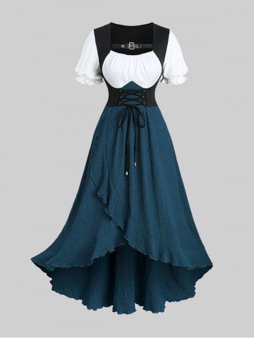 Plus Size Grommets Lace-up Buckle Panel Ruched Lace Trim Tulip Hem Dress - GREEN - 2X | US 18-20