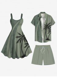Coconut Tree Tropical Leaf Print Plus Size Matching Hawaii Beach Outfit For Couples -  