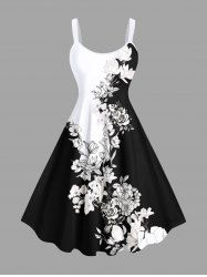 Robe Débardeur Hawaïen Bicolore Fleur Feuille Imprimée en Blocs de Couleurs de Grande Taille - Noir 3X