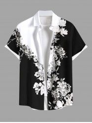 Chemise Décontractée en Blocs de Couleurs Fleur Feuille Imprimées avec Poche de Grande Taille - Noir XL