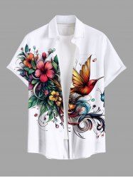 Plus Size Flower Leaf Bird Print Buttons Pocket Hawaii Shirt For Men -  
