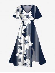 Plus Size Tropical Flowers Stripe Print Split Hawaii Midi Dress -  