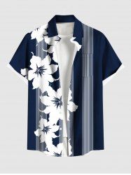 Plus Size Tropical Flowers Stripe Print Buttons Pocket Hawaii Shirt For Men -  