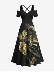 Plus Size Metallic Tropical Leaf Print Cold Shoulder Crisscross Hawaii Maxi Dress -  