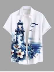 Plus Size Floral Sea Observation Deck Bird Print Hawaii Button Pocket Shirt For Men -  