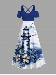 Maxi Robe Superposée Brillante Fleurie Imprimée à Epaule Dénudée de Grande Taille - Bleu 1X