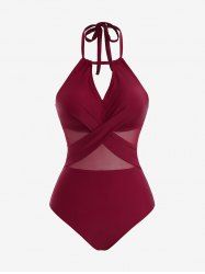 Keyhole Hollow Out Crisscross Mesh Semi See Through Patchwork Halter Backless Solid Swimsuit -  