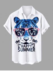 Plus Size Coconut Tree Letter Tie Dye Tiger Sunglasses Print Hawaii Button Pocket Shirt For Men -  