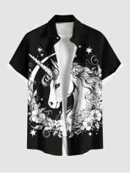 Plus Size Moon Star Galaxy Floral Branch Unicorn Print Button Pocket Shirt For Men -  