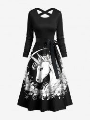 Robe Ligne A Nouée Croisée Lune Etoile Licorne Imprimés avec Ceinture - Noir 3XL
