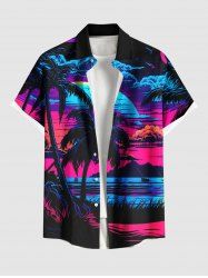 Plus Size Coconut Tree Sea Moon Cloud Ombre Dusk Print Hawaii Button Pocket Shirt For Men -  