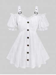 Plus Size Cold Shoulder Puff Sleeves Lace Trim Full Button Jacquard Embroidery Pointelle Hollow Out Solid Tank Top -  