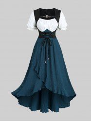 Plus Size Grommets Lace-up Buckle Panel Ruched Lace Trim Tulip Hem Dress -  