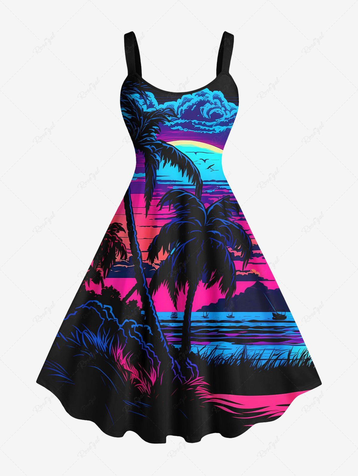 Best Plus Size Coconut Tree Sea Moon Cloud Ombre Dusk Print Hawaii A Line Tank Dress  
