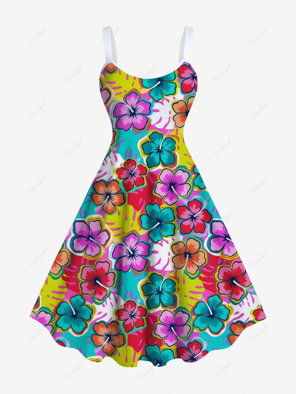 Store Plus Size Colorful Floral Tropical Leaves Print Hawaii A Line Tank Dress  