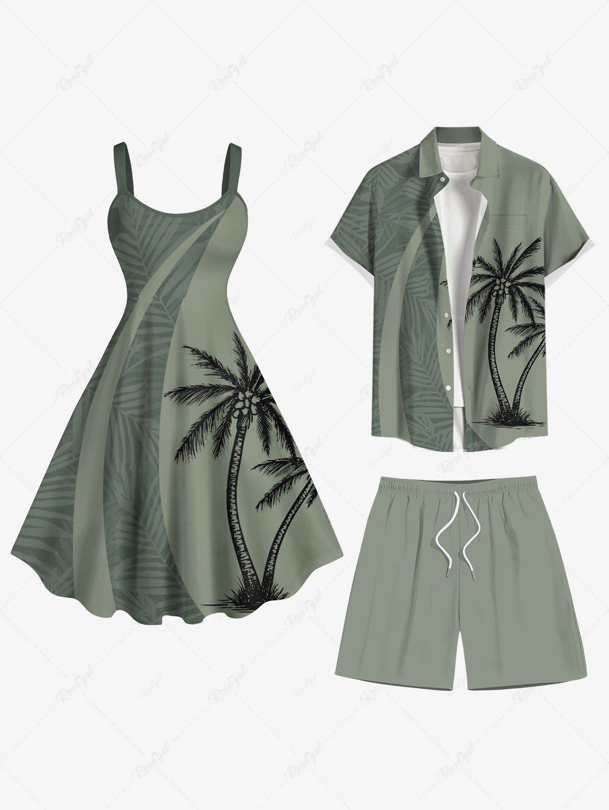 Discount Coconut Tree Tropical Leaf Print Plus Size Matching Hawaii Beach Outfit For Couples  